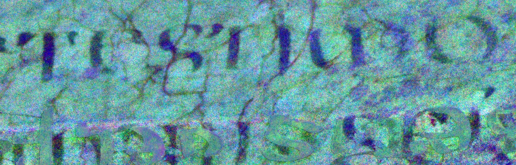 Figures: 23–28: “TESTIMO” from the Testament of Moses in six digital representations: diffuse accurate color; raking accurate color; Extended Spectrum enhancement; Keith Knox’s “Ruby” enhancement; Roger Easton’s Pseudocolor enhancement; another of Roger Easton’s Pseudocolor enhancements. The object belongs to the Biblioteca Ambrosiana. The digital images were produced and published by the Jubilees Palimpsest Project. ( Ambrosiana C73 inf page 257, later numbered 112). 